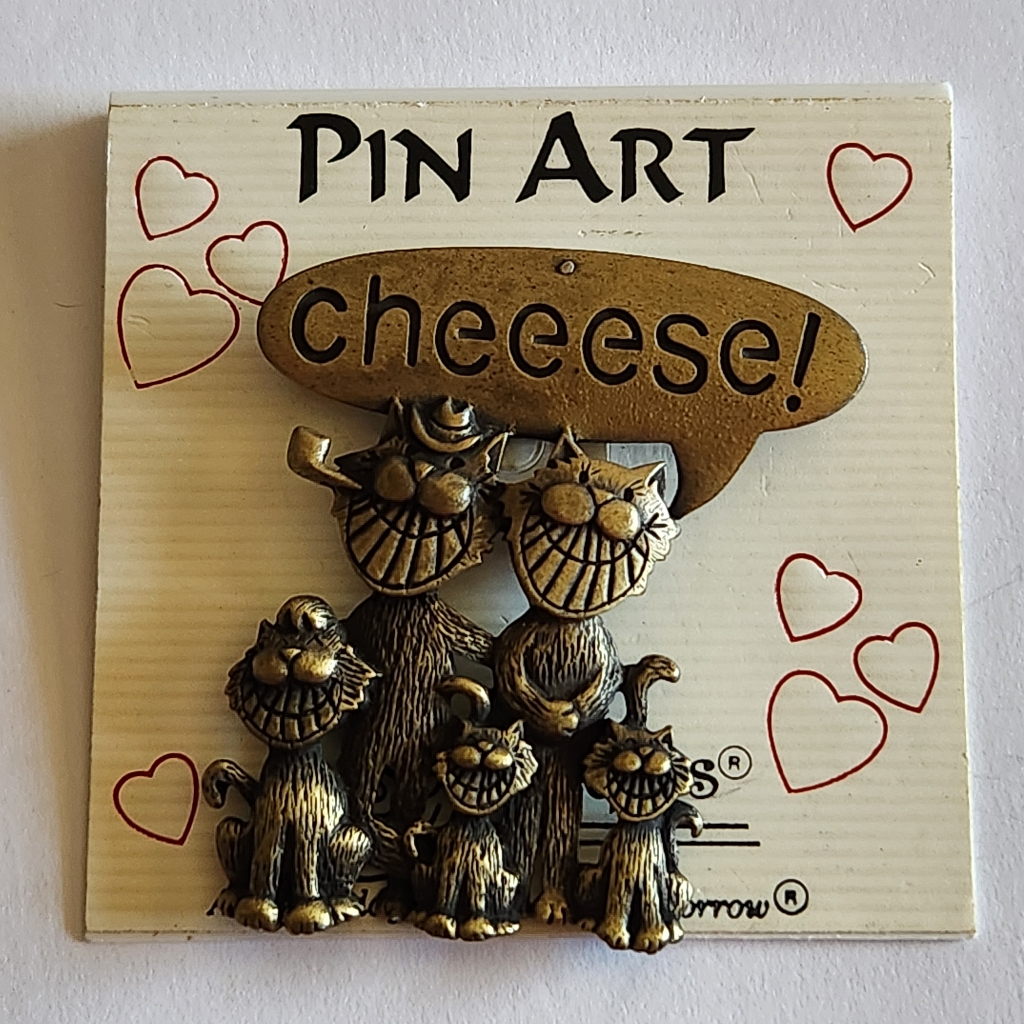 Vintage Jj Jonette Say Cheese Cat Brooch Pin In Antique Gold Color 17$